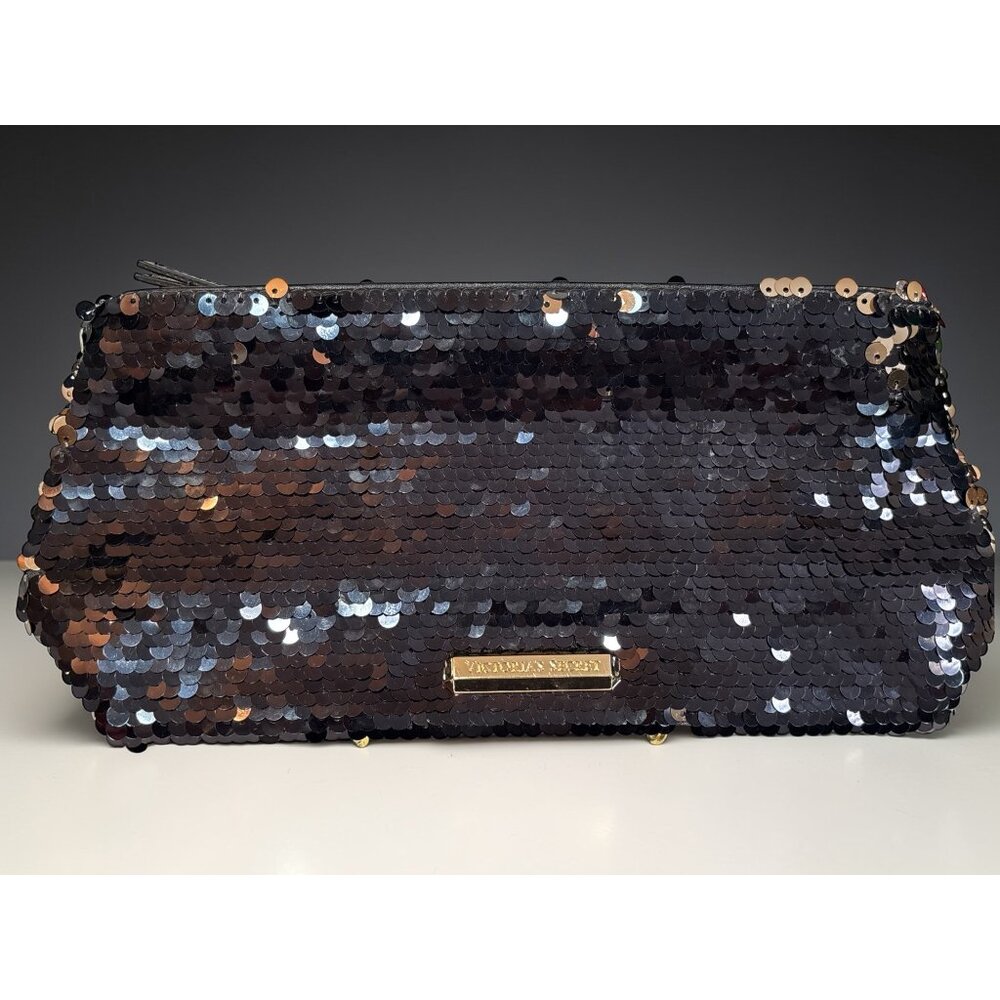 Victorias Secret Black Sequin Cosmetic Bag With Gold Details And Zipper Closure